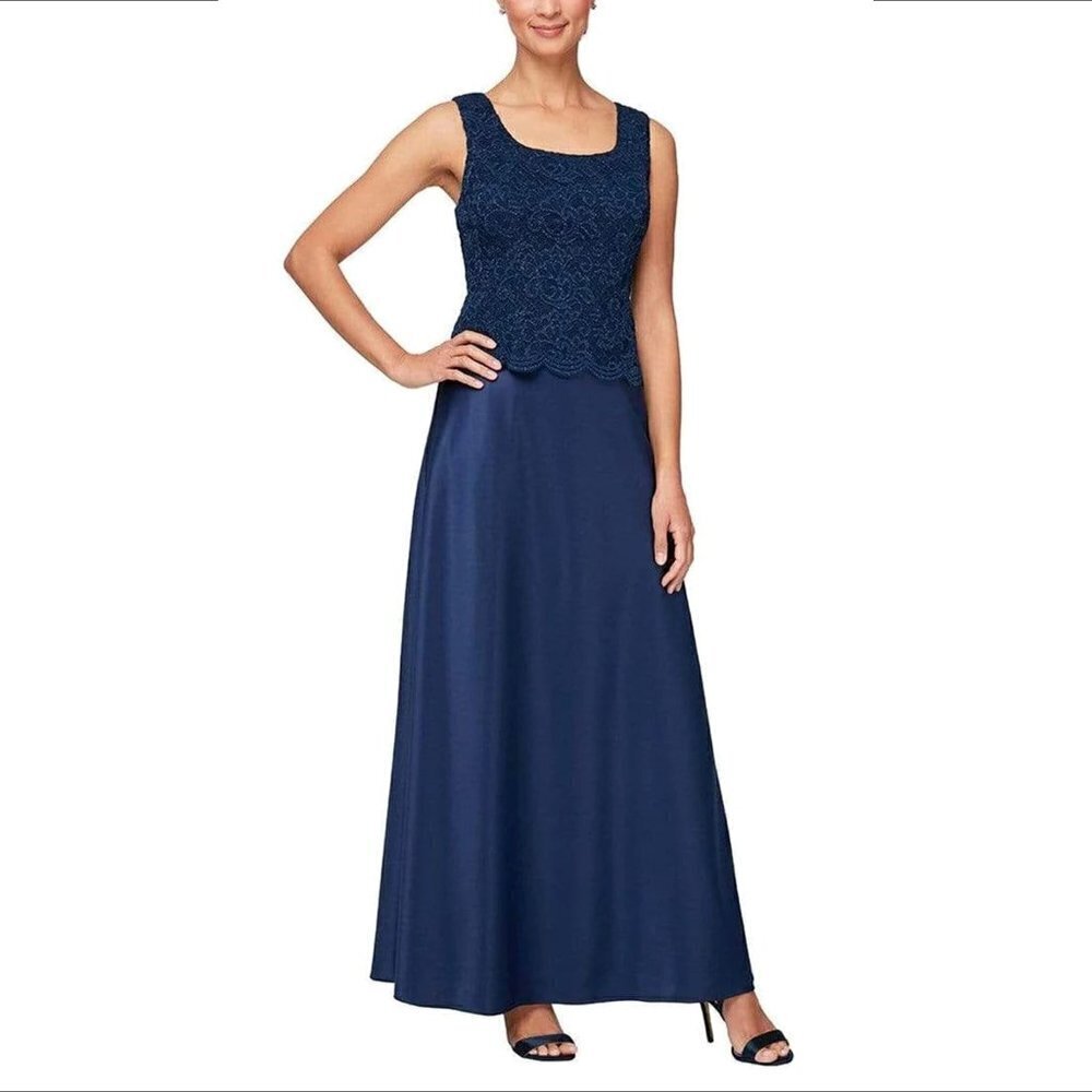 Alex Evenings lace satin skirt sleeveless maxi dress gown formal navy blue MOB 6